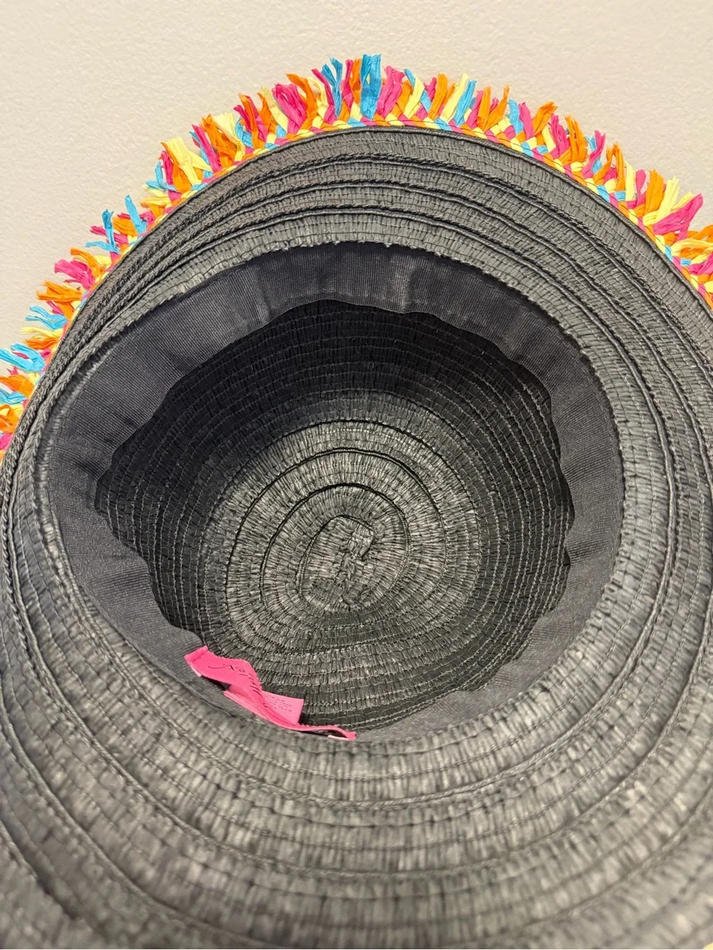 Wide Brim Rainbow Fringe Beach Floppy Betsey Johnson Black Straw Sun Hat OS